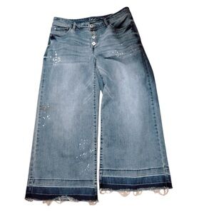 INC wide leg crop Jean pants.  button fly, distressed,  bleach out spots